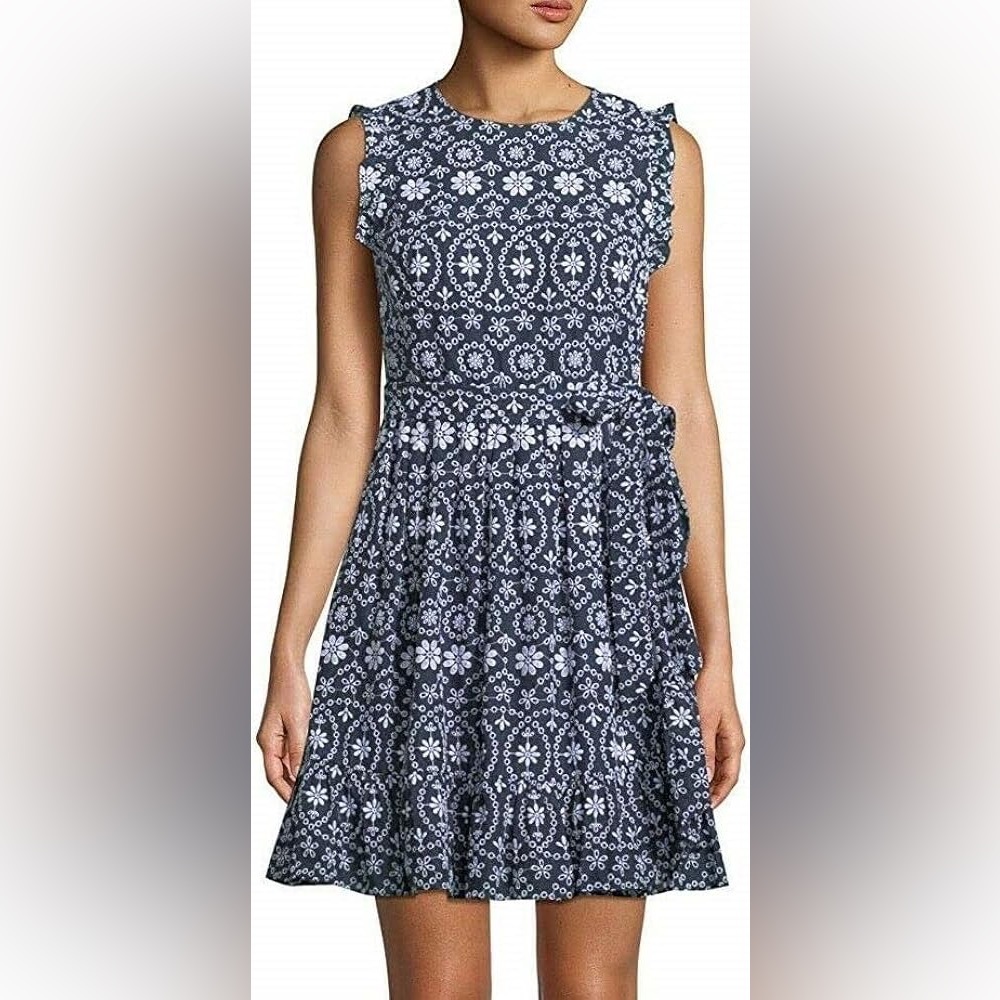 Kate Spade Shore Thing Eyelet Wrap Dress Navy White Ruffle Hem Size 2